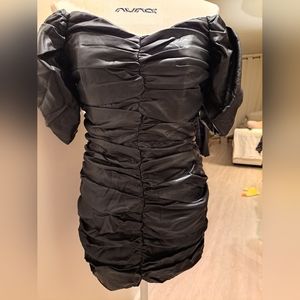 Ruched faux leather mini dress